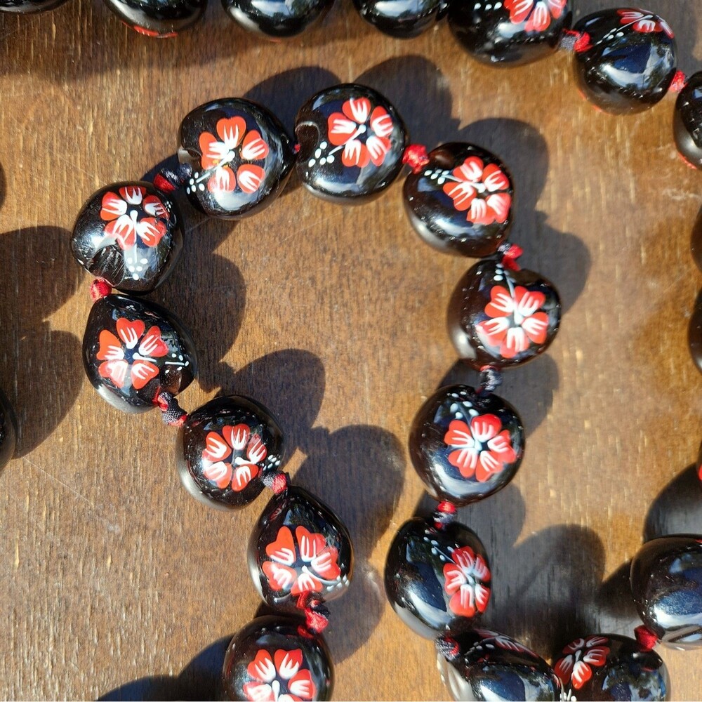 Kukui Nut Lei Hibiscus Red Flower Necklace Hawaiian Wedding Luau Graduation